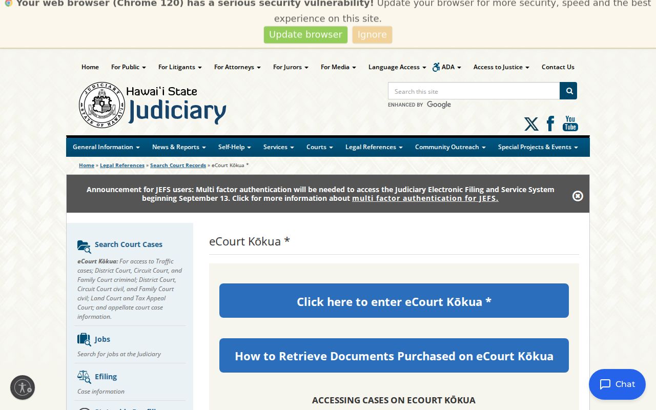 Hawaiʻi Judiciary eCourt availability information for Kapolei resident searches