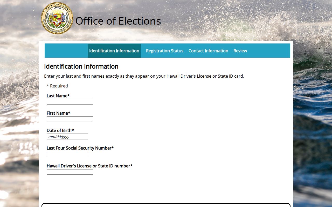 Hawaiʻi online voter registration identity form for a first-party Kapolei check