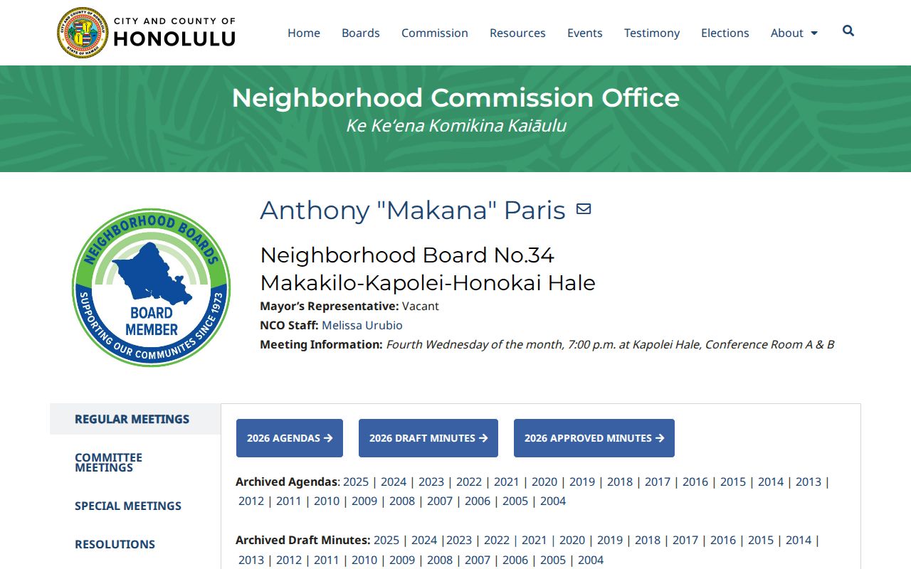 Neighborhood Board 34 page for Makakilo Kapolei and Honokai Hale civic records